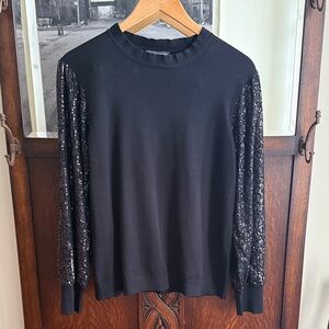 Adrianna Papell NWT Black Sequin Sleeve mock ruffle neck Sweater Medium